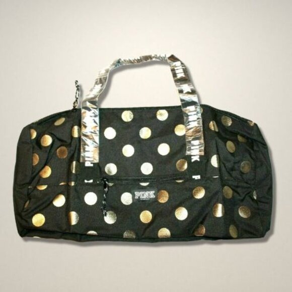 Victoria's Secret PINK Duffle Bag Secure Zip Closure Lightweight Black/Gold OS‎ - Picture 2 of 8